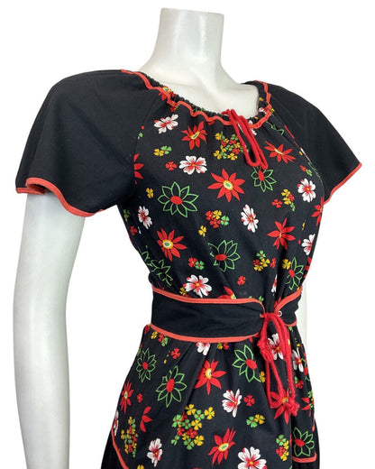 VINTAGE 60s 70s BLACK RED GREEN FLORAL PRAIRIE BOHO TIERED BELTED DRESS 8