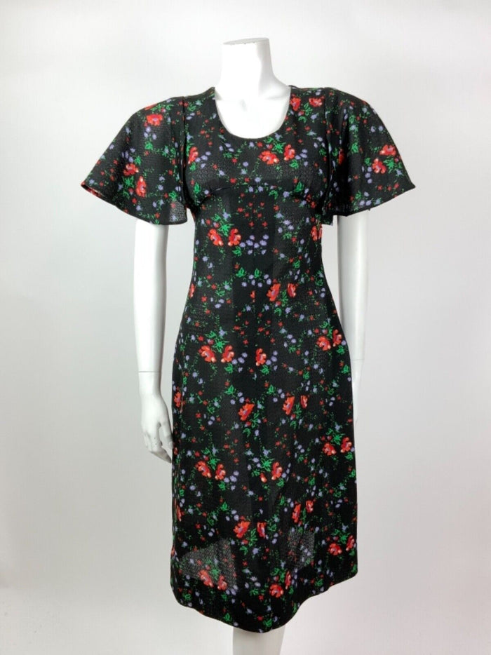 VINTAGE 60s 70s BLACK RED GREEN PURPLE FLORAL CAPE SLEEVE DRESS 10
