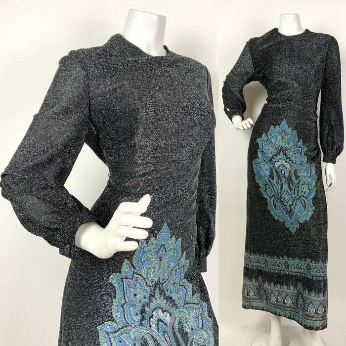VINTAGE 60s 70s BLACK SILVER BLUE PAISLEY MANDALA ETHNIC LUREX MAXI DRESS 12 14