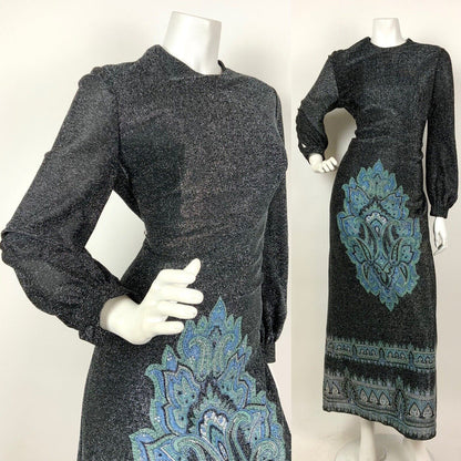 VINTAGE 60s 70s BLACK SILVER BLUE PAISLEY MANDALA ETHNIC LUREX MAXI DRESS 12 14