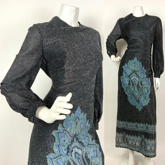 VINTAGE 60s 70s BLACK SILVER BLUE PAISLEY MANDALA ETHNIC LUREX MAXI DRESS 12 14
