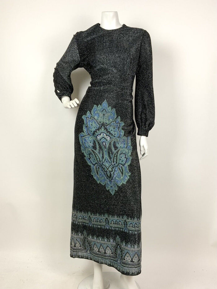 VINTAGE 60s 70s BLACK SILVER BLUE PAISLEY MANDALA ETHNIC LUREX MAXI DRESS 12 14