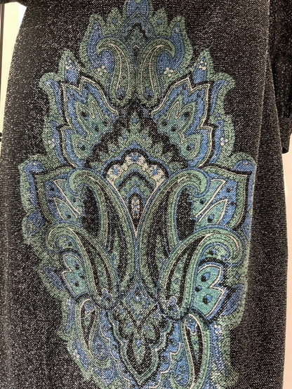 VINTAGE 60s 70s BLACK SILVER BLUE PAISLEY MANDALA ETHNIC LUREX MAXI DRESS 12 14