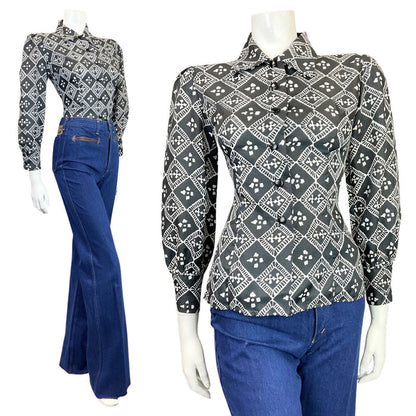 VINTAGE 60s 70s BLACK WHITE CHECKERBOARD GEOMETRIC MOD BLOUSE SHIRT 8 10