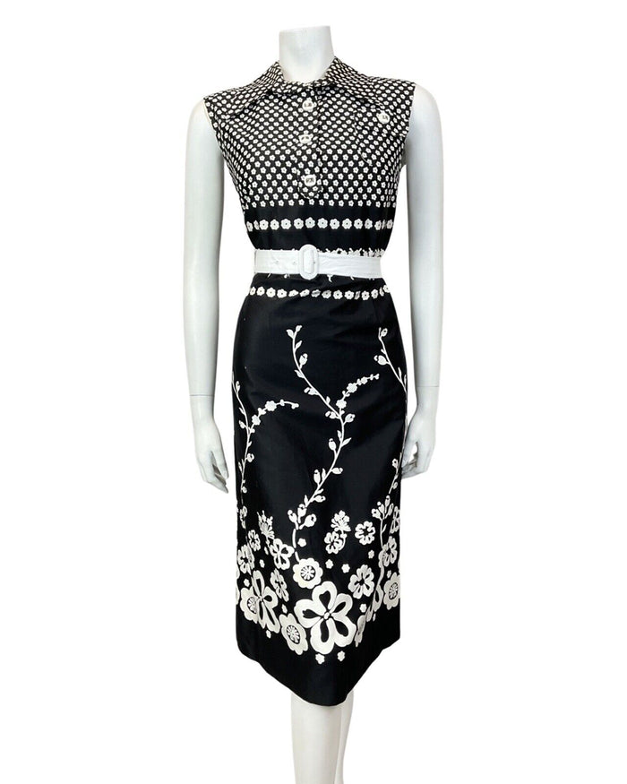 VINTAGE 60s 70s BLACK WHITE FLORAL DAISY MOD SLEEVELESS DAGGER SHIRT DRESS 10 12
