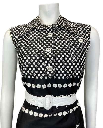 VINTAGE 60s 70s BLACK WHITE FLORAL DAISY MOD SLEEVELESS DAGGER SHIRT DRESS 10 12
