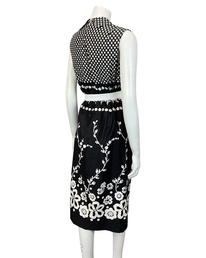 VINTAGE 60s 70s BLACK WHITE FLORAL DAISY MOD SLEEVELESS DAGGER SHIRT DRESS 10 12