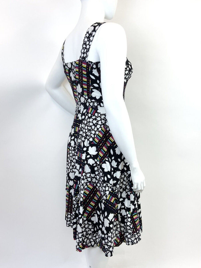 VINTAGE 60s 70s BLACK WHITE RED PURPLE LEAFY FLORAL SLEEVELESS SWING DRESS 16