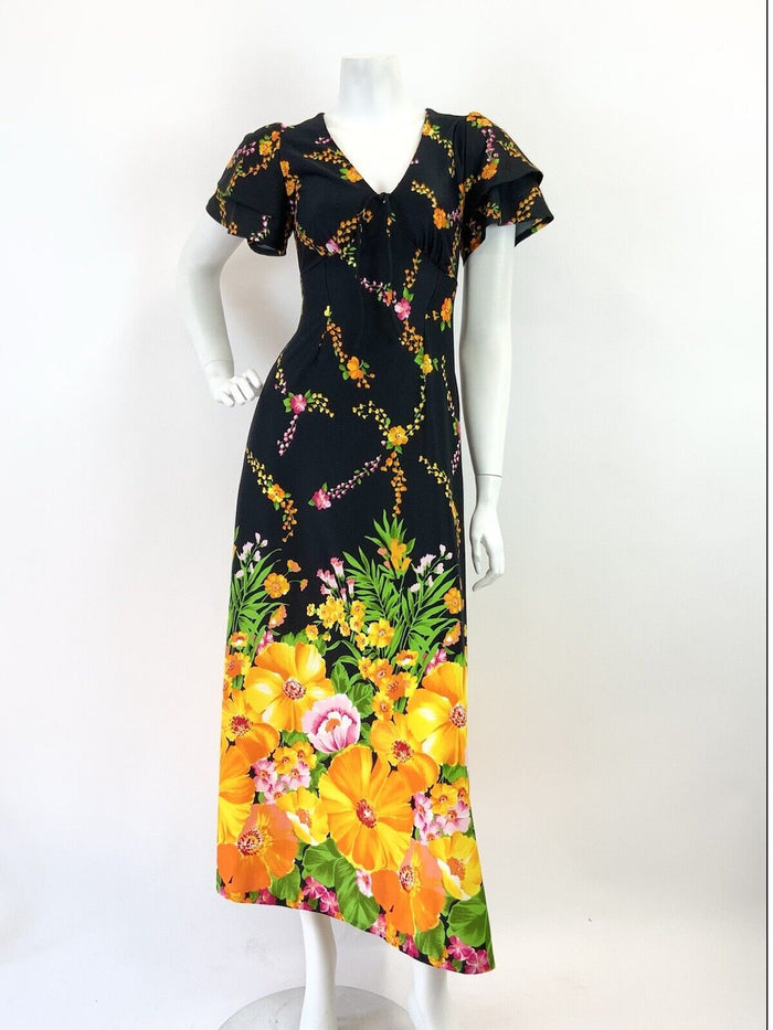 VINTAGE 60s 70s BLACK YELLOW GREEN PINK FLORAL VINE RUFFLED MAXI DRESS 10