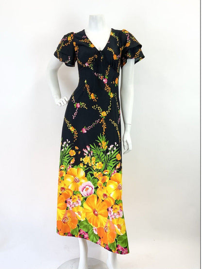 VINTAGE 60s 70s BLACK YELLOW GREEN PINK FLORAL VINE RUFFLED MAXI DRESS 10