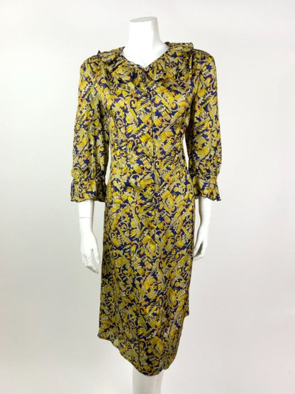 VINTAGE 60s 70s BLUE BEIGE YELLOW ORANGE SWIRL PSYCHEDELIC RUFFLE DRESS 16