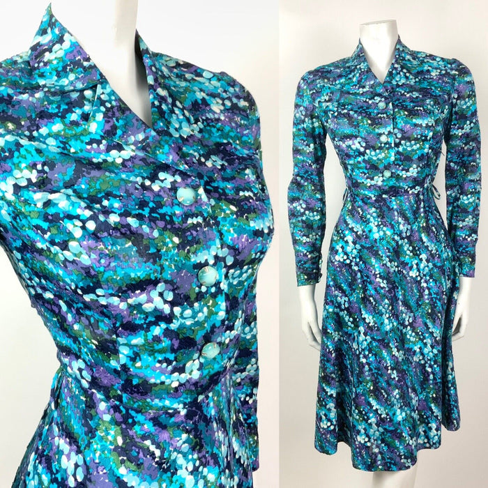 VINTAGE 60s 70s BLUE GREEN PURPLE PSYCHEDELIC FLORAL BUBBLE SHIRT DRESS 10