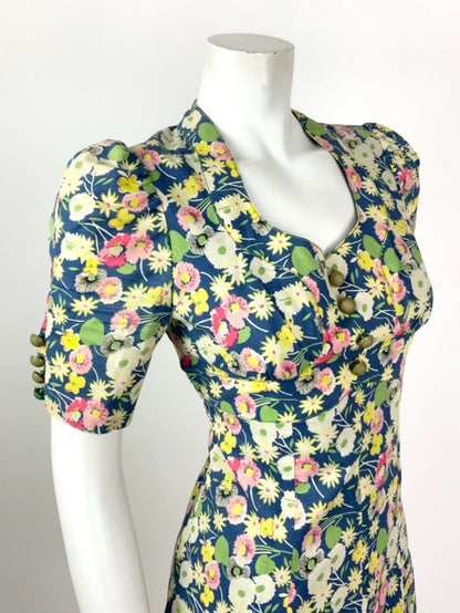 VINTAGE 60s 70s BLUE GREEN WHITE PINK FLORAL LEAFY DITSY TEA DRESS 8