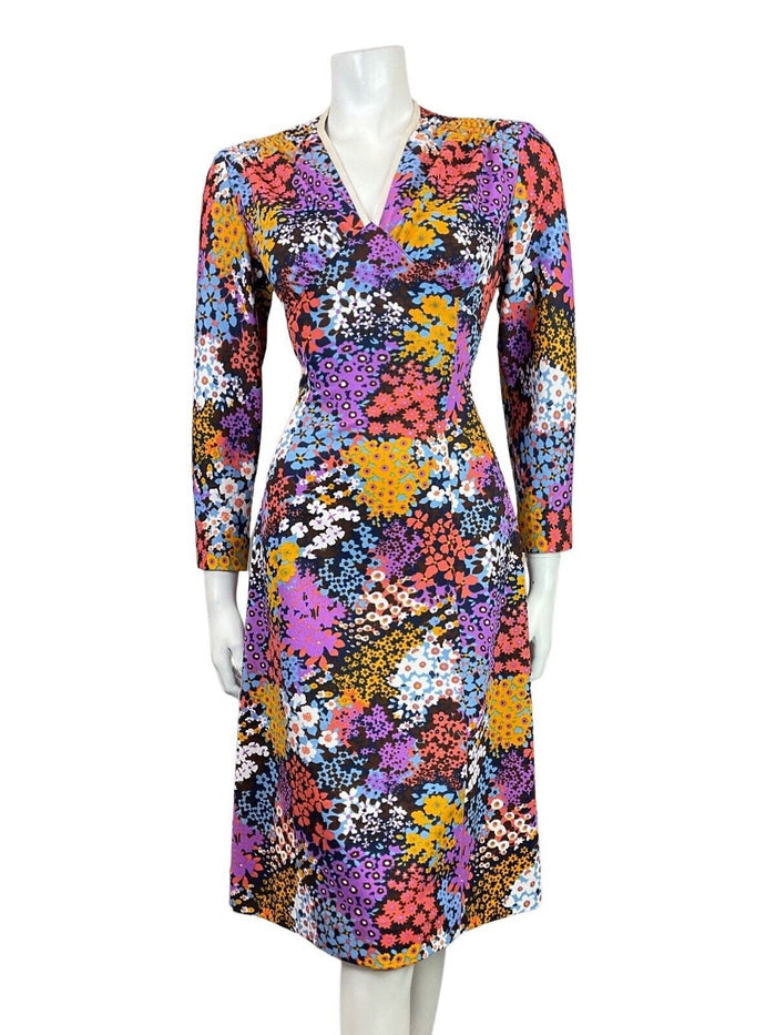 VINTAGE 60s 70s BLUE PURPLE PINK PSYCHEDELIC FLORAL DITSY FITTED DRESS 10 12