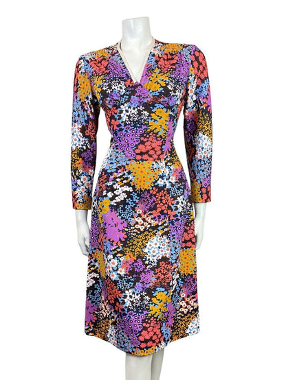 VINTAGE 60s 70s BLUE PURPLE PINK PSYCHEDELIC FLORAL DITSY FITTED DRESS 10 12