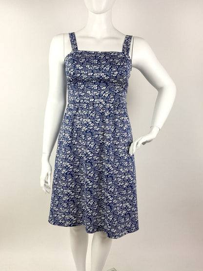 VINTAGE 60s 70s BLUE WHITE FLORAL DITSY DAISY STRIPED STRAPPY MOD SUN DRESS 14