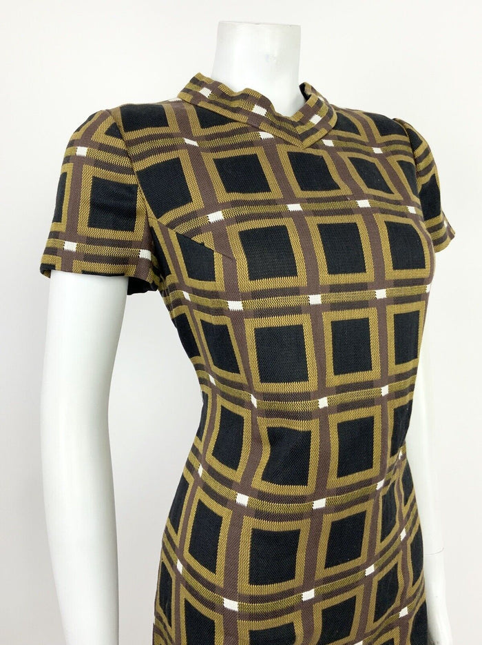 VINTAGE 60s 70s BROWN BLACK YELLOW WHITE GEOMETRIC SQUARE MOD SHIFT DRESS 10 12