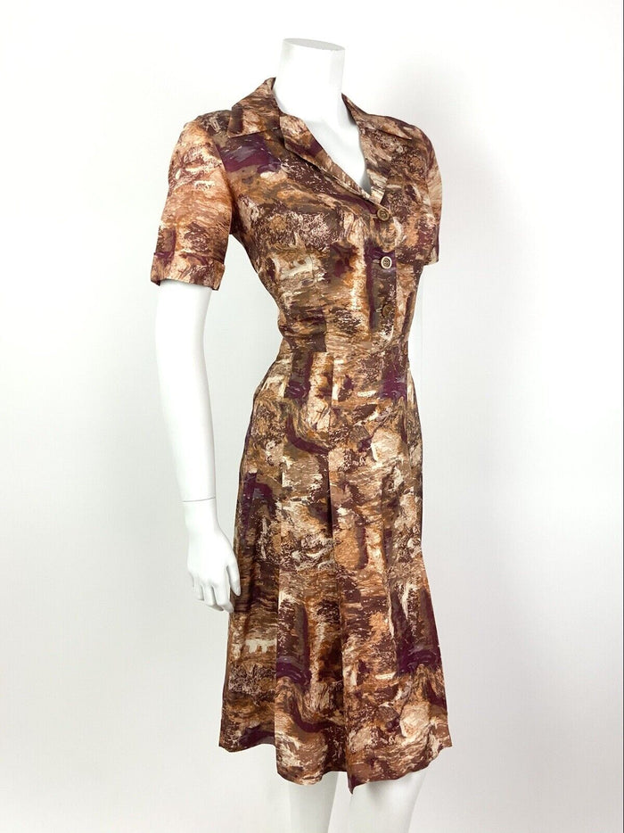 VINTAGE 60s 70s BROWN CREAM BURGUNDY ABSTRACT REVERS DAGGER SHIRT DRESS 10 12