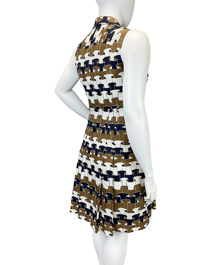 VINTAGE 60s 70s BROWN WHITE BLUE GEOMETRIC RUFFLE MOD DAGGER SHIRT DRESS 16