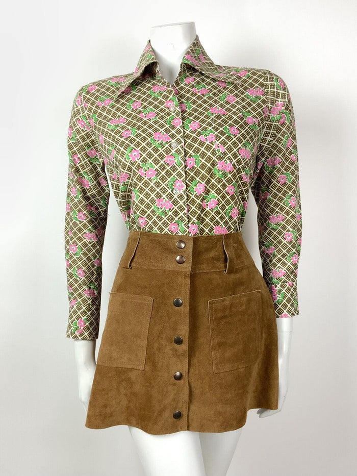 VINTAGE 60s 70s BROWN WHITE PINK CHECKED SQUARE FLORAL DAGGER SHIRT 10 12
