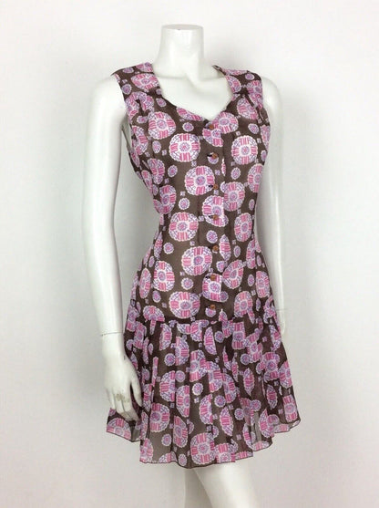 VINTAGE 60S 70S BROWN WHITE PINK PAISLEY SMOCK DRESS DROPPED PLEAT WAIST 14 16