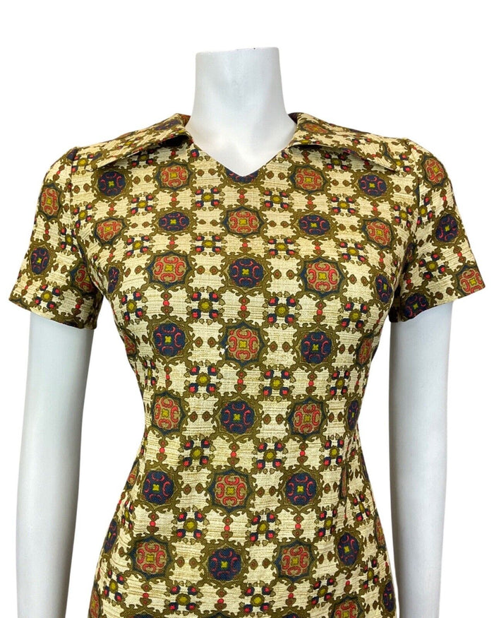VINTAGE 60s 70s CREAM GOLD BLUE ORNATE CHECKED MOD SHORT SHIRT DRESS 10 12