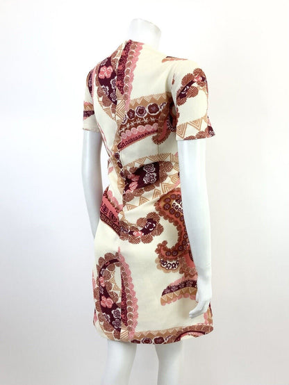 VINTAGE 60s 70s CREAM PINK PURPLE MANDALA HAWAIIAN FLORAL GEOMETRIC DRESS 14 16