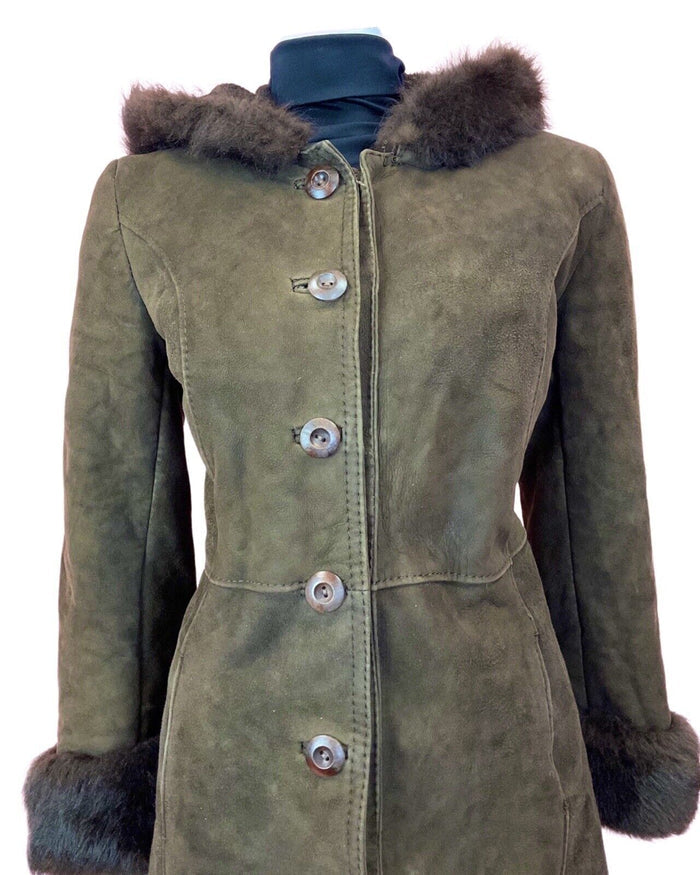 VINTAGE 60s 70s DARK BROWN SUEDE LEATHER SHEARLING HOODED PRINCESS COAT 14 16