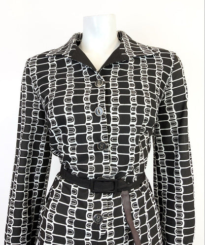 VINTAGE 60s 70s DARK BROWN WHITE GEOMETRIC BELTED SHIRT MIDI DRESS 14 16