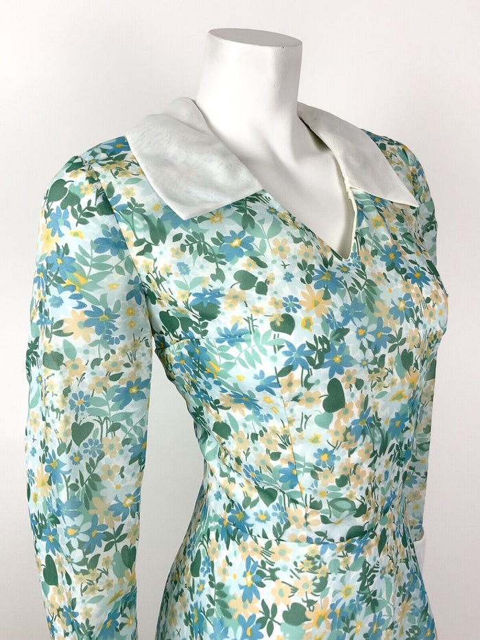 VINTAGE 60s 70s GREEN BLUE BEIGE FLORAL DITSY MOD SHEER SHIRT DRESS 10 12