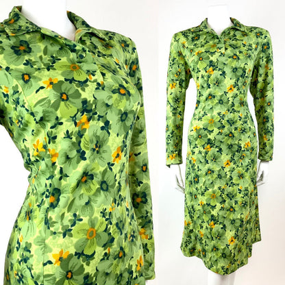 VINTAGE 60s 70s GREEN LIME ORANGE FLORAL PSYCHEDELIC MOD SHIRT DRESS 16