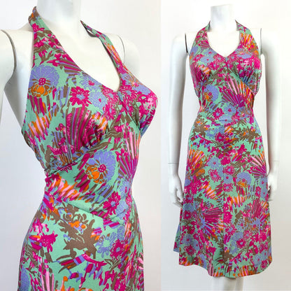 VINTAGE 60s 70s GREEN PINK ORANGE FLORAL HAWAIIAN HALTER MOD SWING DRESS 8 10