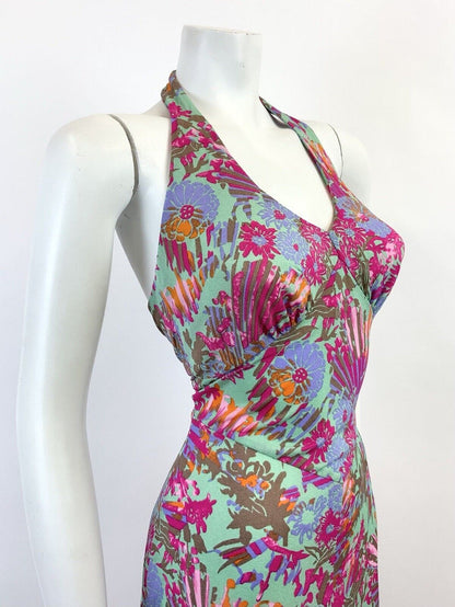 VINTAGE 60s 70s GREEN PINK ORANGE FLORAL HAWAIIAN HALTER MOD SWING DRESS 8 10