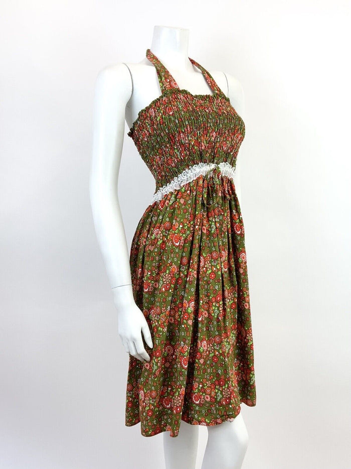 VINTAGE 60s 70s GREEN RED PINK WHITE FLORAL DISTY LACE MOD MINI HALTER DRESS 10
