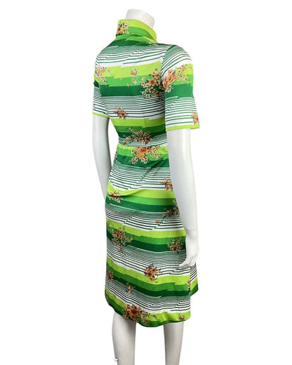 VINTAGE 60s 70s GREEN WHITE ORANGE STRIPED FLORAL MOD DAGGER SHIRT DRESS 8 10