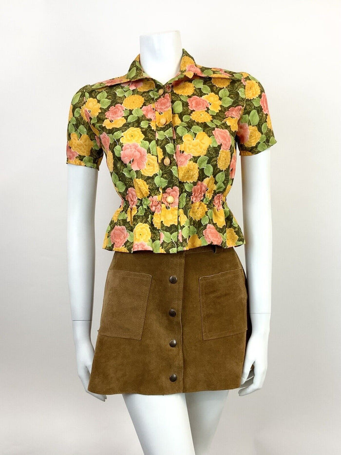 VINTAGE 60s 70s GREEN YELLOW PINK FLORAL CROPPED DAGGER SHIRT BLOUSE 8