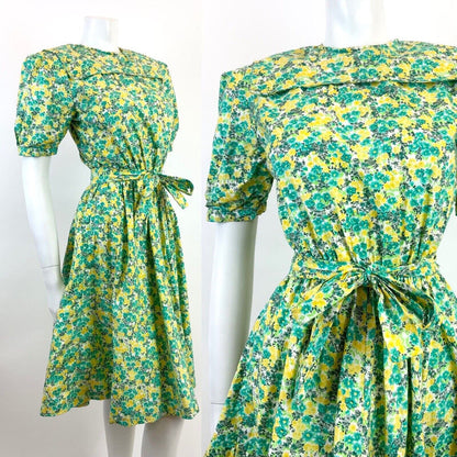 VINTAGE 60s 70s GREEN YELLOW WHITE FLORAL DITSY PRAIRIE FOLK SWING DRESS 8 10