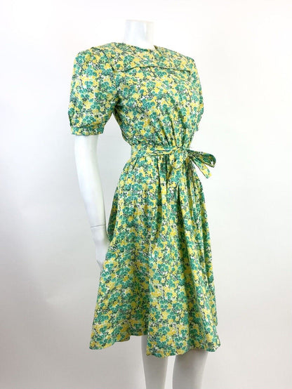 VINTAGE 60s 70s GREEN YELLOW WHITE FLORAL DITSY PRAIRIE FOLK SWING DRESS 8 10