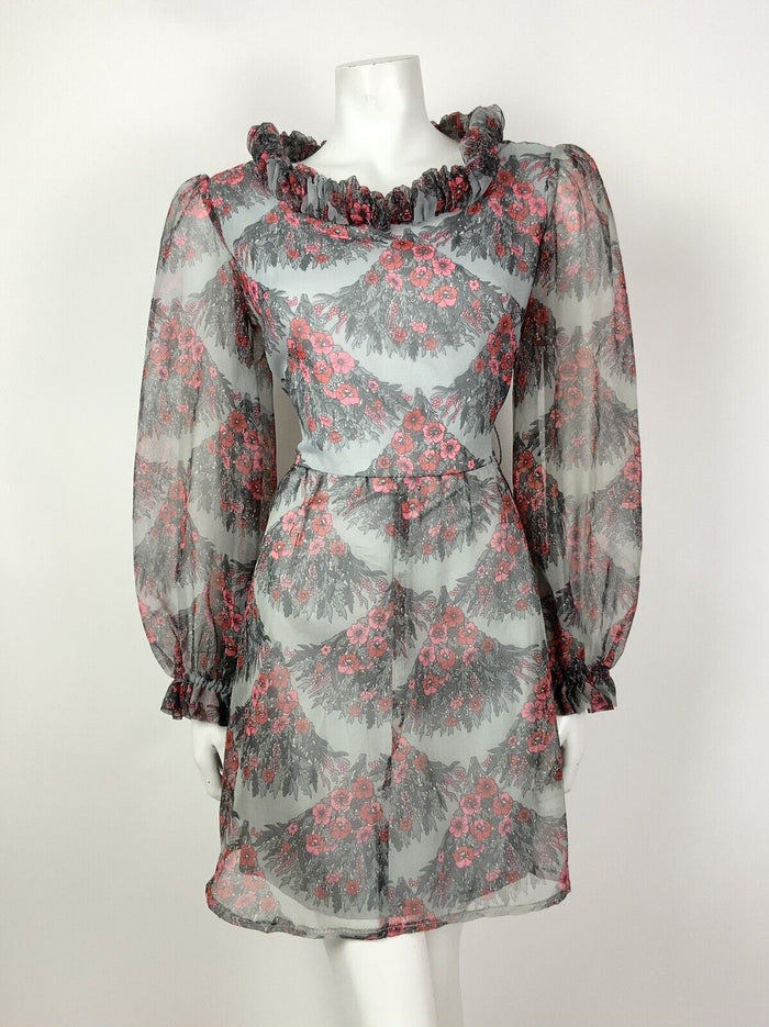 VINTAGE 60s 70s GREY RED PINK FLORAL SCALES RUFFLED SHEER MOD DRESS 12 14