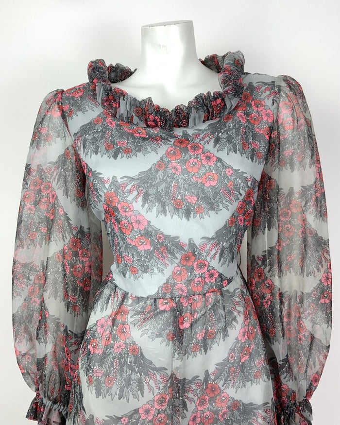 VINTAGE 60s 70s GREY RED PINK FLORAL SCALES RUFFLED SHEER MOD DRESS 12 14