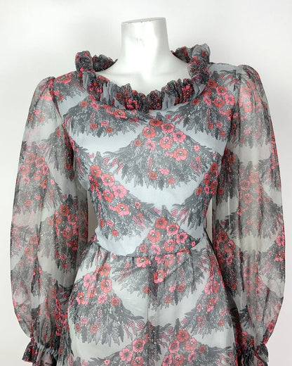 VINTAGE 60s 70s GREY RED PINK FLORAL SCALES RUFFLED SHEER MOD DRESS 12 14