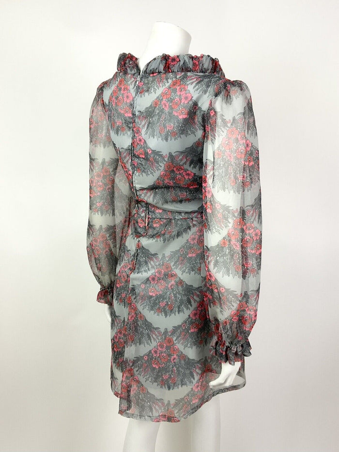VINTAGE 60s 70s GREY RED PINK FLORAL SCALES RUFFLED SHEER MOD DRESS 12 14