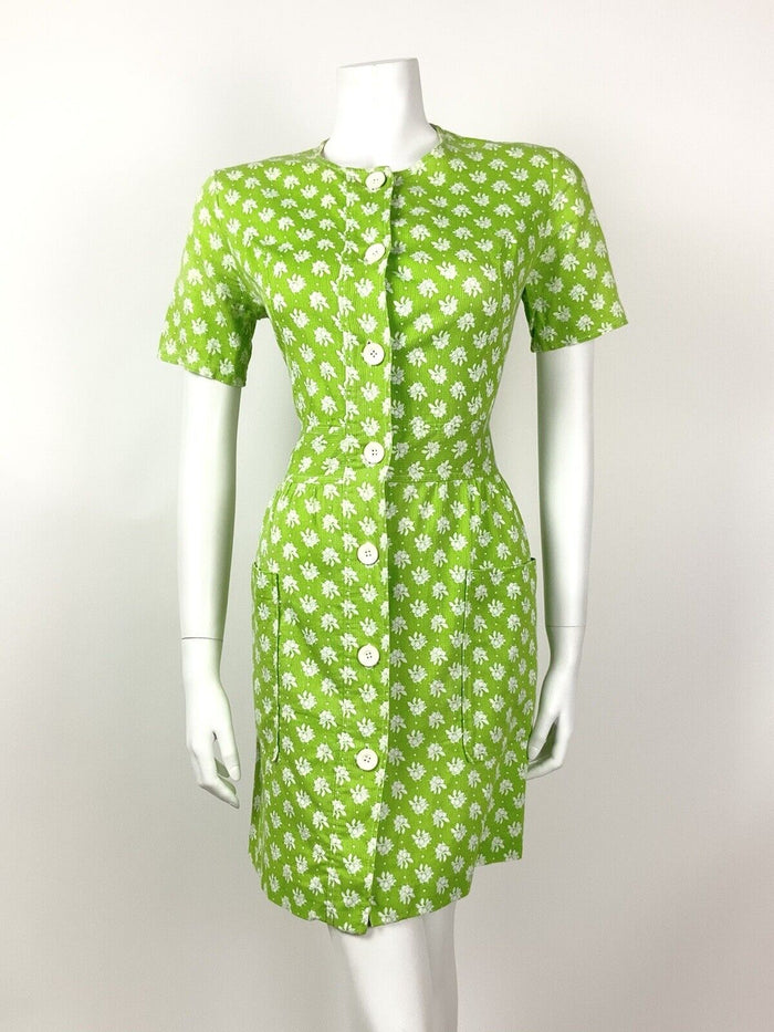 VINTAGE 60s 70s LIME GREEN WHITE FLORAL DOTTY MOD COTTON DRESS 10 12