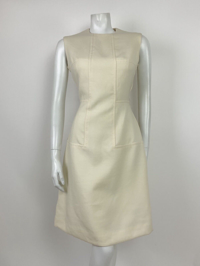 VINTAGE 60s 70s MOD CREAM WOOL SLEEVELESS WIGGLE FITTED DRESS 12