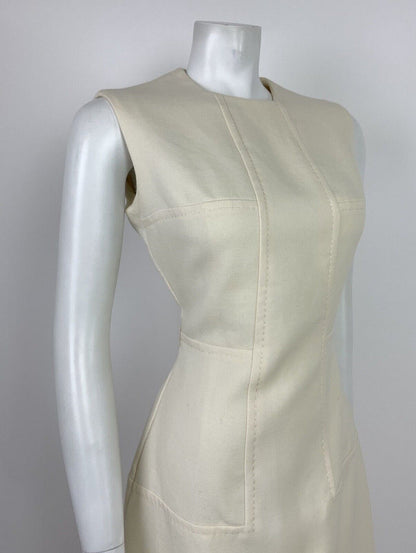 VINTAGE 60s 70s MOD CREAM WOOL SLEEVELESS WIGGLE FITTED DRESS 12