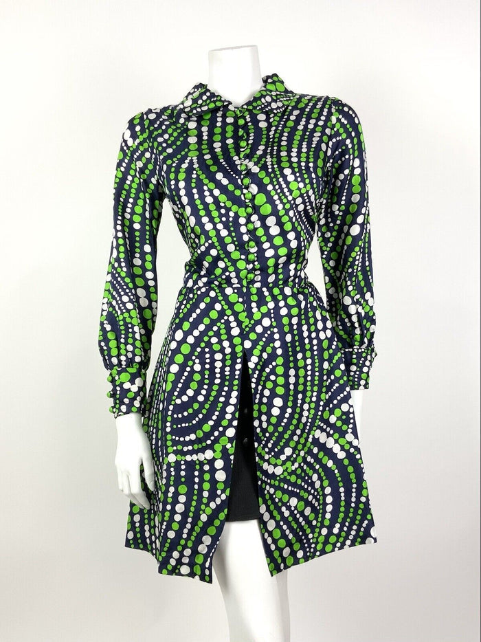 VINTAGE 60s 70s NAVY BLUE GREEN WHITE DOTTY WAVY MOD SPLIT SHIRT DRESS 10