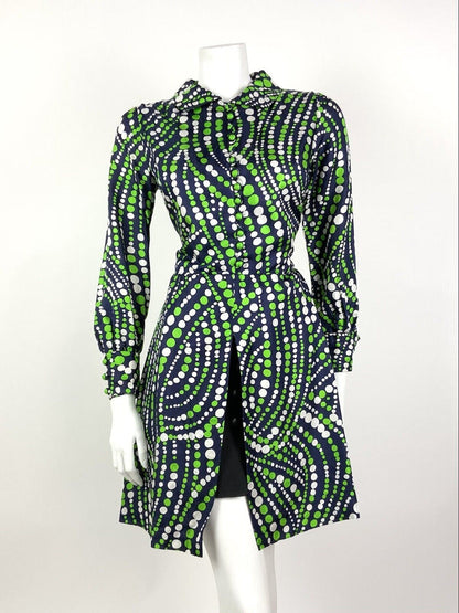 VINTAGE 60s 70s NAVY BLUE GREEN WHITE DOTTY WAVY MOD SPLIT SHIRT DRESS 10