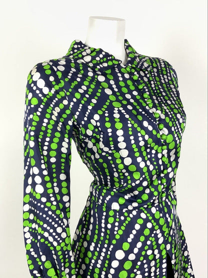 VINTAGE 60s 70s NAVY BLUE GREEN WHITE DOTTY WAVY MOD SPLIT SHIRT DRESS 10
