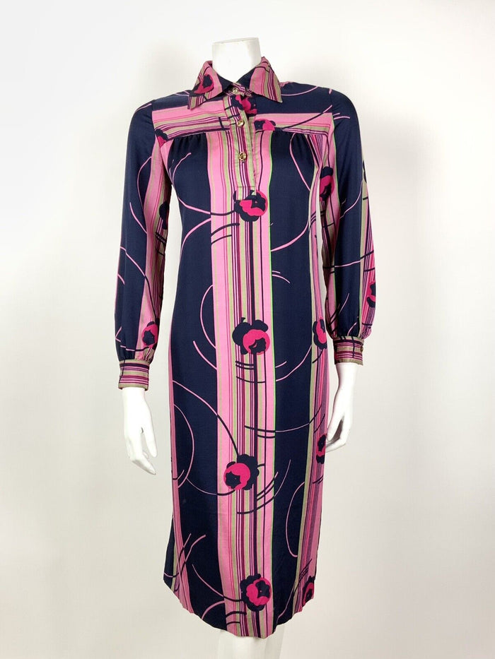 VINTAGE 60s 70s NAVY BLUE PINK GREEN STRIPED FLORAL DAGGER SHIRT DRESS 10 12
