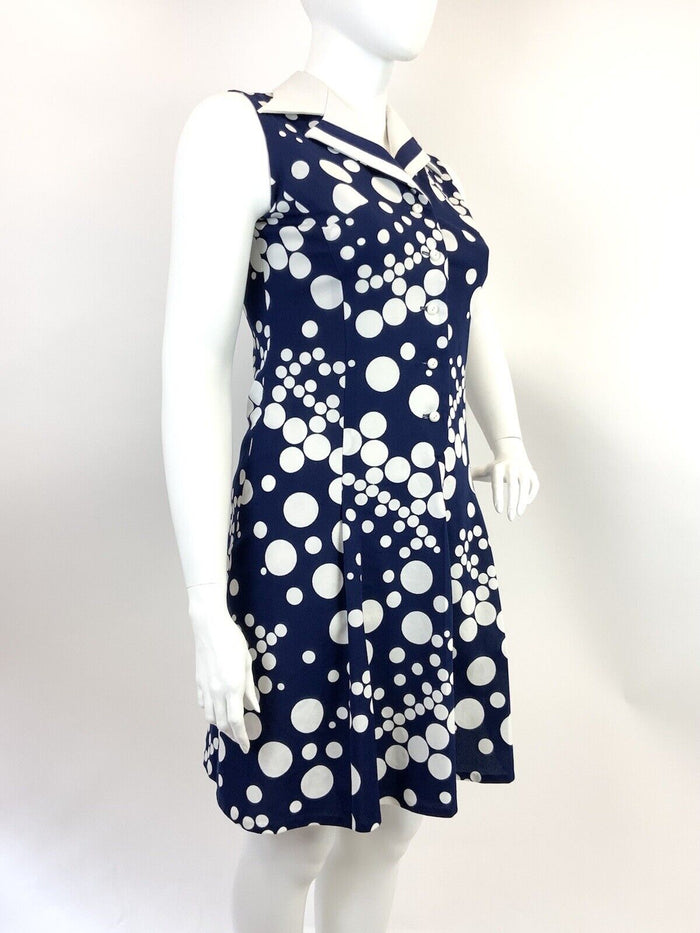 VINTAGE 60s 70s NAVY BLUE WHITE DOTTY MOD SLEEVELESS DAGGER COLLAR DRESS 16 18